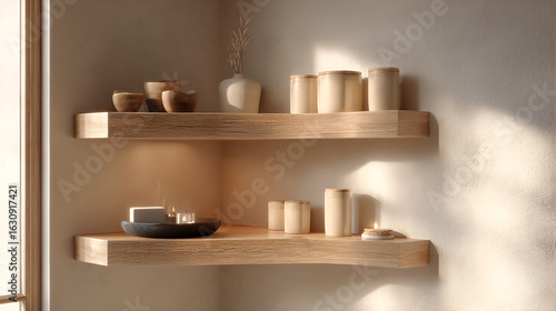Wallpaper Mural Cozy interior with wooden shelves, ceramic decor, and candles in soft light, creating a calming atmosphere. Torontodigital.ca