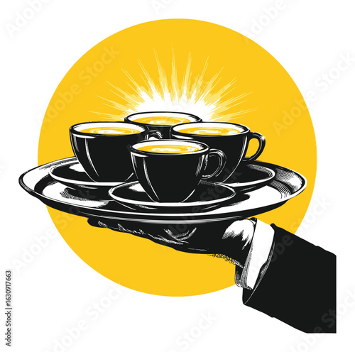 Hand Holding Silver Tray with Four Black Coffee Cups and Sunburst Background
