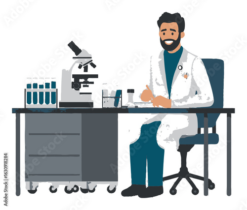 Cartoon Scientist at Desk with Microscope and Laboratory Equipment Illustration