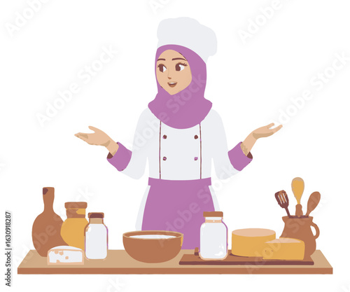 Woman Chef in Cartoon Style Preparing Delicious Food with Ingredients