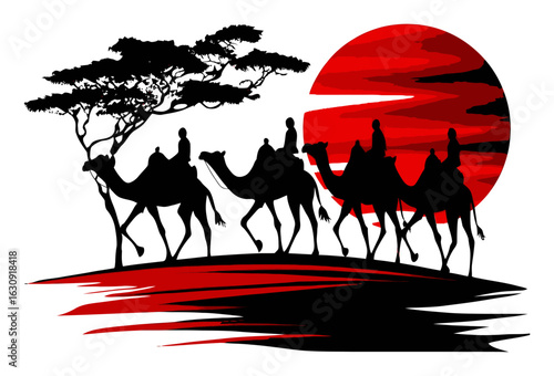 Evening Silhouette of Camels and Riders Against a Red Sunset Background