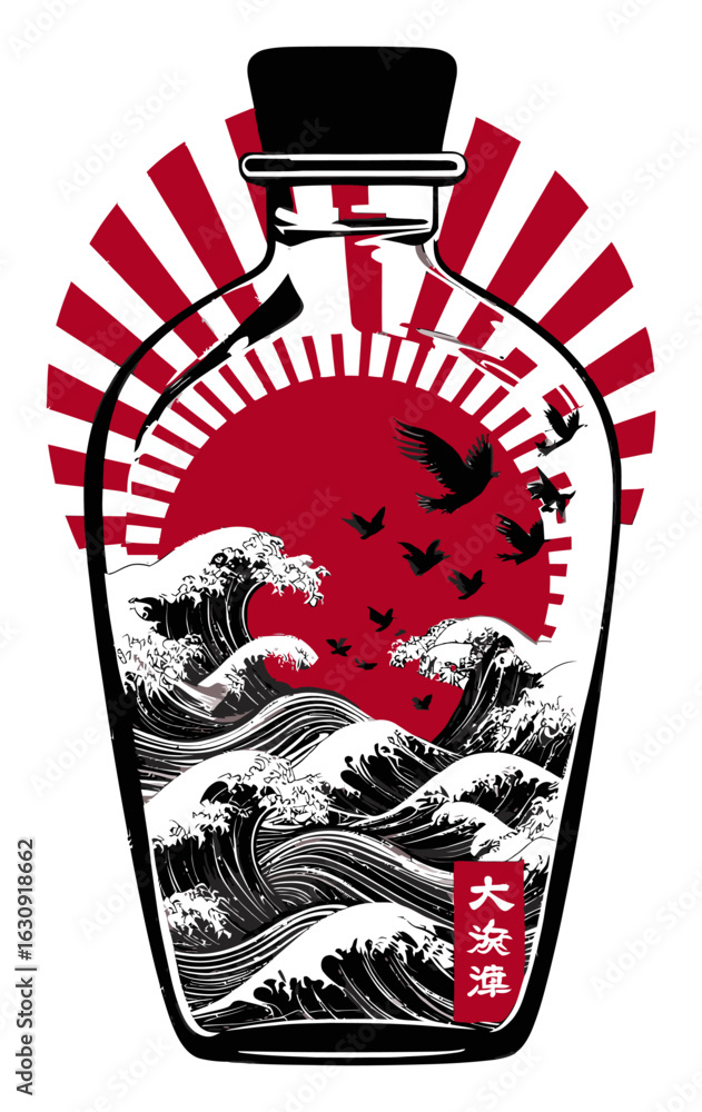 Fototapeta premium Abstract Art Illustration of Waves in Bottle with Red Sun and Birds