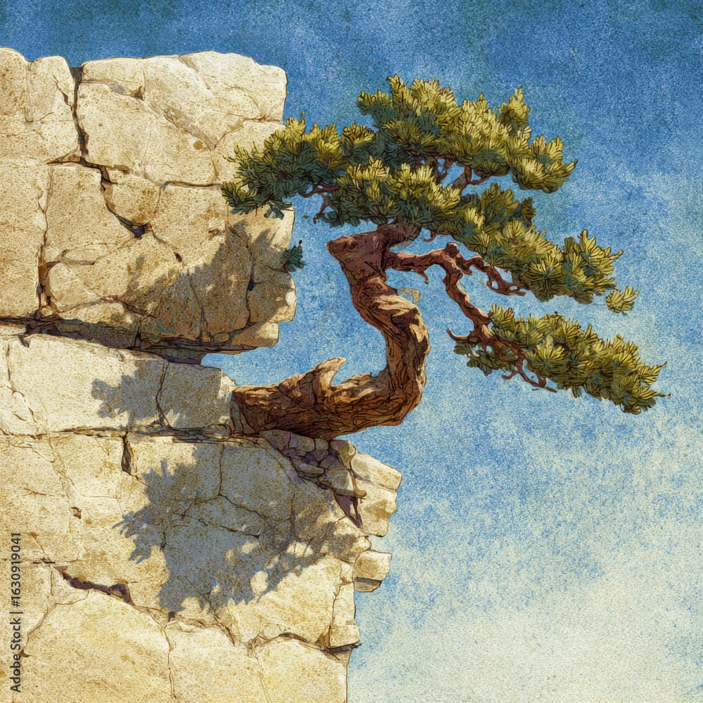 Obraz premium A resilient pine tree thrives in a rocky fissure, symbolizing strength.