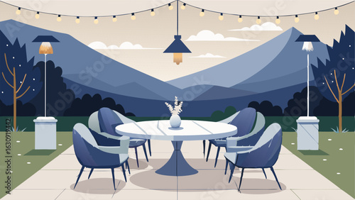 A gl outdoor space with a marble dining table plush outdoor seating and sparkling string lights.