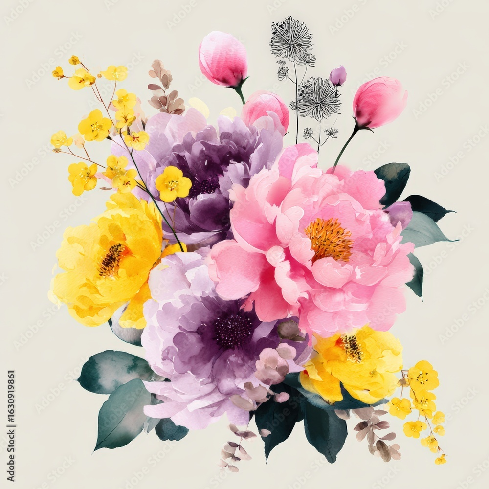 Fototapeta premium Vibrant Floral Arrangement with Pink, Yellow, and Purple Blooms