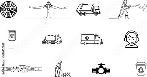 Explore the Robust Icon Set: Clock, Truck, Worker, and Utility Symbols for Industrial Applications