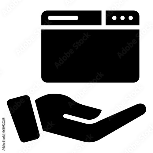 Web Offering Glyph Black Silhouette Icon Design Vector - browser window hovering above a hand, illustrating service or website offering and delivery