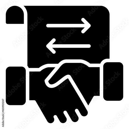 Partnership Agreement Glyph Black Silhouette Icon Design Vector - handshake in front of a document with two opposing arrows. Represents partnership agreement, mutual understanding, and contract
