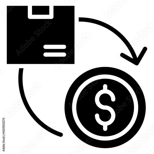Product Monetization Glyph Black Silhouette Icon Design Vector - box and a dollar sign connected by a circular arrow. Represents product sales, e-commerce flow, and revenue cycle