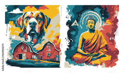 Vibrant Abstract Art Featuring Dog, Farm Scene, and Buddha Illustration