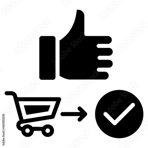 Purchase Approval Glyph Black Silhouette Icon Design Vector - thumbs-up with cart and check mark, illustrating accepted or approved purchase order
