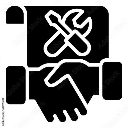 Service Agreement Glyph Black Silhouette Icon Design Vector - Handshake under a service contract scroll, representing maintenance agreement or partnership terms