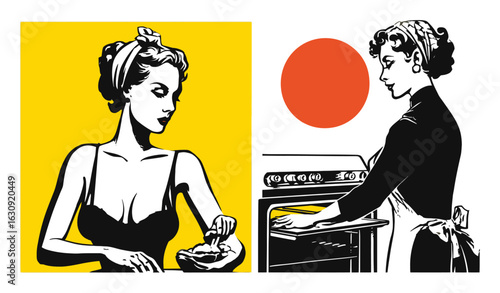 Vintage Kitchen Women Preparing Food in Bold Colors Vector Illustration