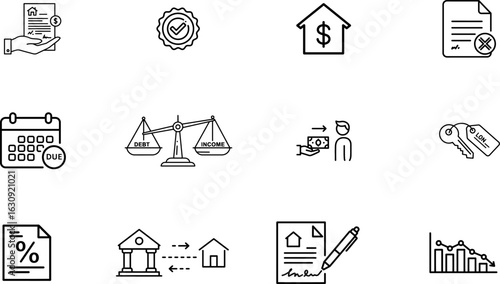 A Detailed Set of Illustrations Representing Property, Financial Documents, Legal Contracts, and Key-Related Elements in the Housing Market Process.