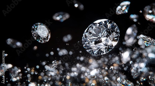Sparkling clear diamonds falling and floating in a dramatic dark background with bokeh effect creating a luxurious and elegant feel