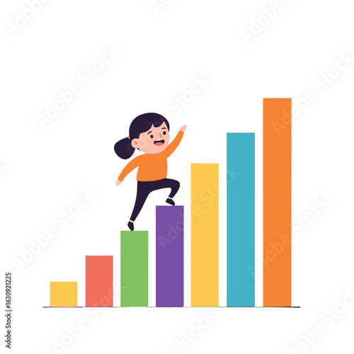 A cheerful child climbs a colorful, upward-trending bar graph, symbolizing progress and success.