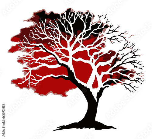 Abstract Tree Illustration with Bold Red Background and Intricate Branches