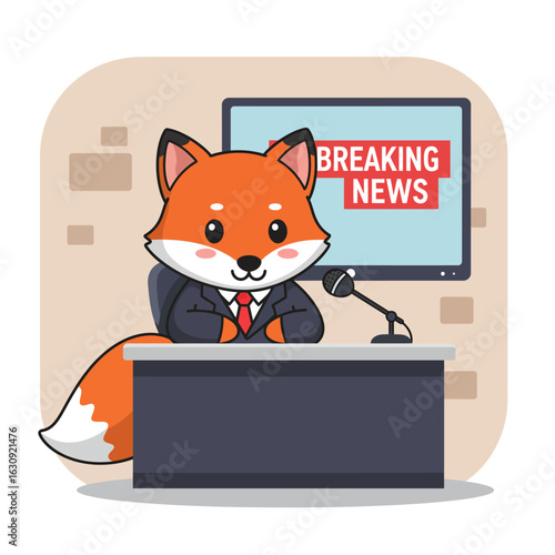 A cute cartoon fox in a suit delivers breaking news on television.
