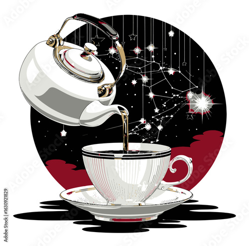 Elegant Abstract Illustration of Teapot Pouring into Celestial Cup