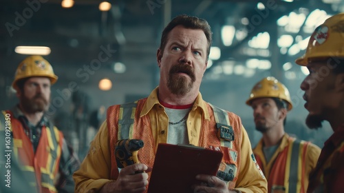 Construction workers confer