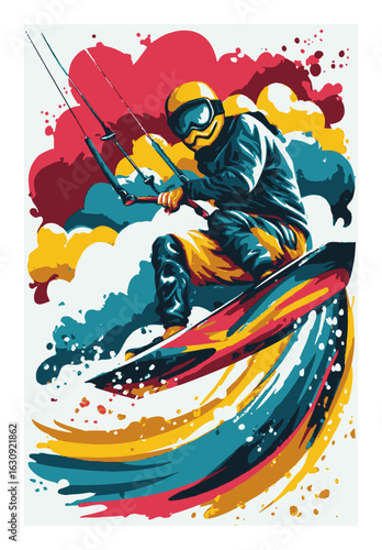 Vibrant Abstract Illustration of a Kite Surfer Riding Waves with Energy