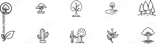 A Comprehensive Collection of Hand-Drawn Illustrations Representing Diverse Plant Life, from Individual Saplings and Bonsai Trees to Lush Forests and Sustainable Ecological Practices