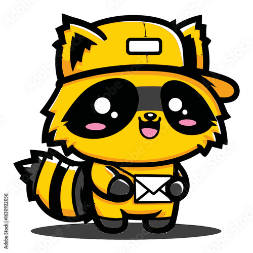 Cute Cartoon Raccoon Character in Hat Holding Envelope for Delivery
