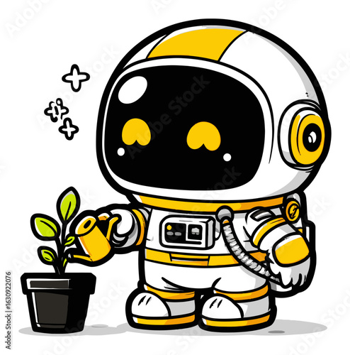 Cute Astronaut Watering Plant in Cartoon Style with Bright Colors