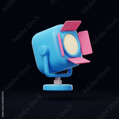 Cute 3D studio spotlight icon with barn doors on a dark background. A minimal render for entertainment, cinema, or show concepts. Ideal for UI/UX, web, and app design.
