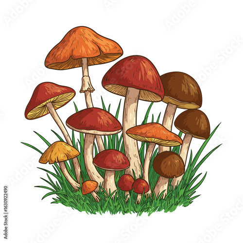 Colorful wild mushrooms clustered in green grass. Vector illustration