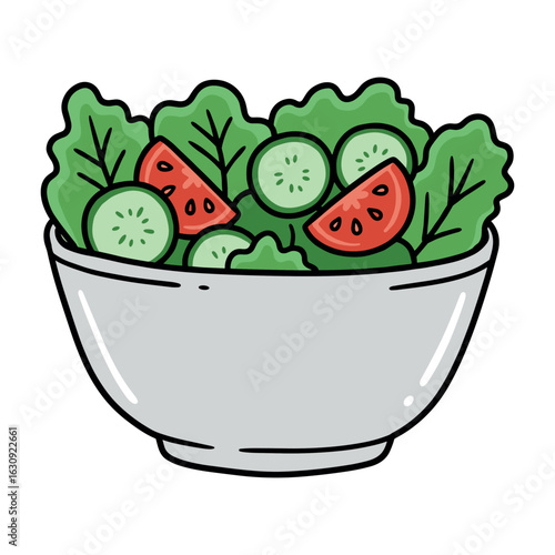 Fresh salad bowl with lettuce, tomatoes, and cucumbers. Vector illustration