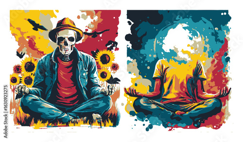 Surreal Meditation with Skull and Headless Figure in Vibrant Colors