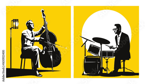 Artistic Jazz Musicians Playing Double Bass and Drums in Vibrant Style