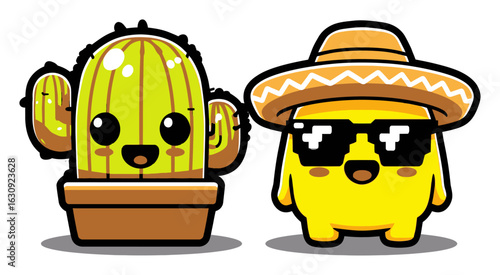 Colorful Cartoon Cactus and Cute Character in Sunglasses with Hat