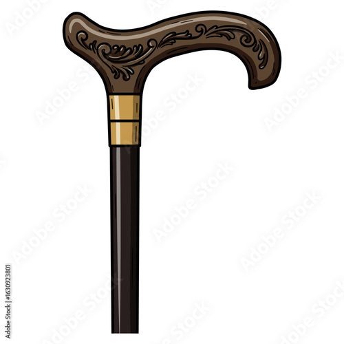 Ornate wooden walking cane with decorative handle design. Vector illustration