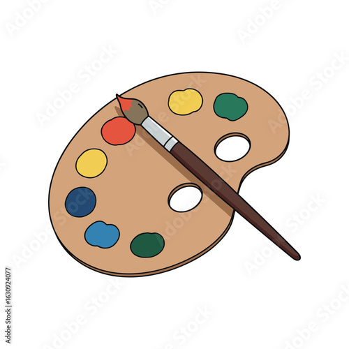 Artist paint palette with mixed colors and paintbrush. Vector illustration
