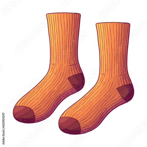 Cozy orange wool socks with ribbed pattern and reinforced heel and toe. Vector illustration