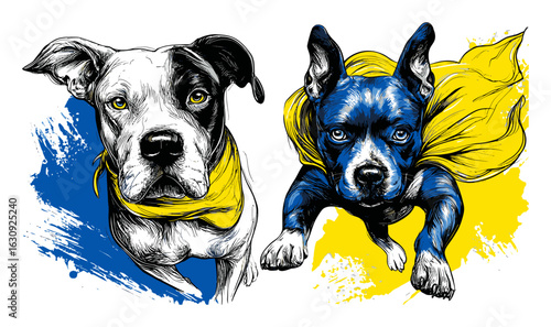 Hand-Drawn Illustration of Dogs as Superheroes with Colorful Backgrounds