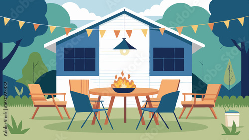 An outdoor patio with a farmhousestyle dining table string lights and a fire pit for summer gatherings.