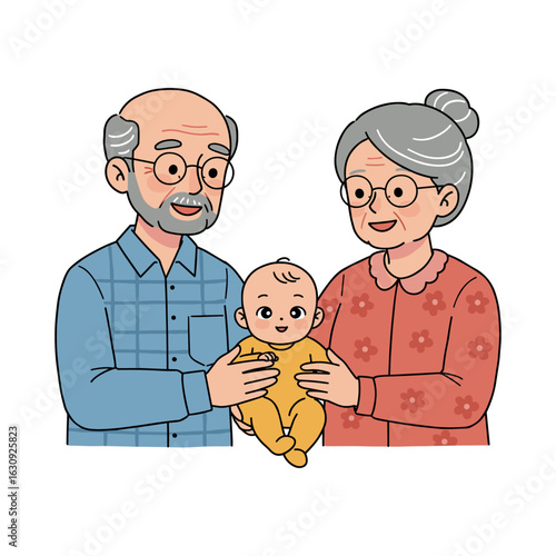 Mature caucasian couple holding baby smiling family portrait illustration. Vector illustration