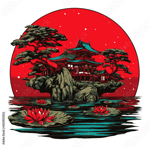 Serene Silhouette of Traditional Temple Among Lotus Flowers and Moonlight