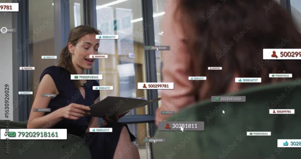 Interviewer entering office, opening folder, conducting business interview with floating data icons