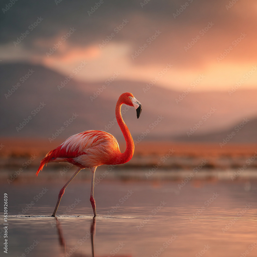 Fototapeta premium pink flamingo walking in shallow lake water Generative ai