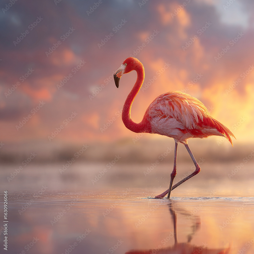 Fototapeta premium pink flamingo walking in shallow lake water Generative ai