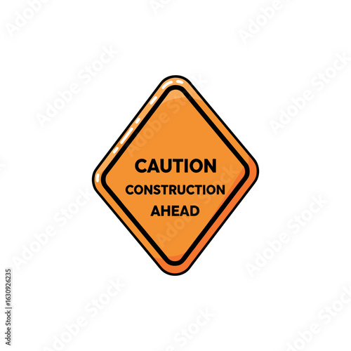 Orange caution construction ahead sign. Vector illustration