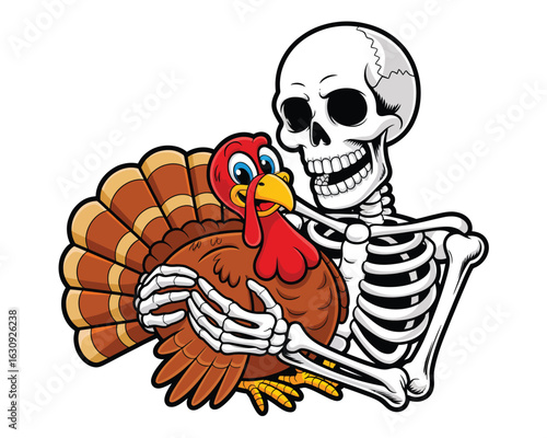 A darkly humorous illustration of a skeleton hugging a cartoon turkey for a macabre Thanksgiving holiday feast.