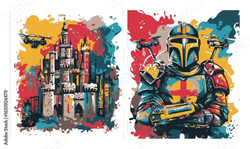 Colorful Abstract Illustration of Castle and Futuristic Warrior Character