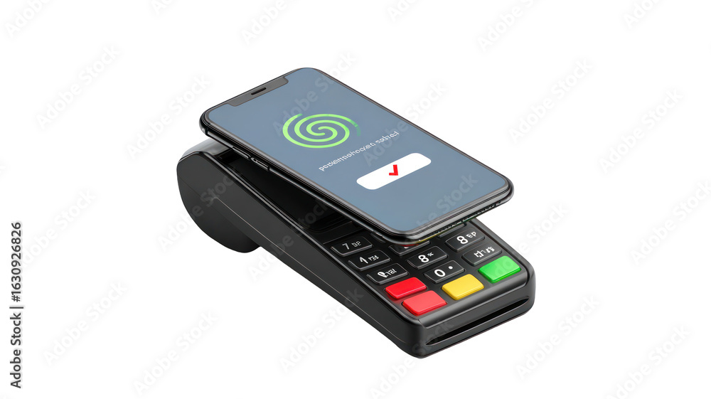 Mobile phone emitting a payment confirmation icon above transparent background Mobile phone emitting a payment confirmation icon above transparent background