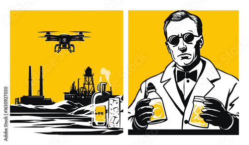 Industrial Scientist with Drone and Hazardous Materials in Bold Illustration