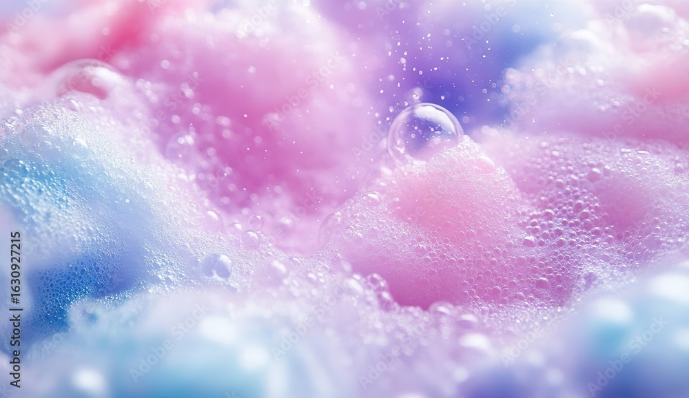 Fototapeta premium A background of swirling pink, blue, and purple hues with bubbles on the surface. The texture is soft and fluffy, resembling cotton candy or marshmallow, giving it an ethereal feel.